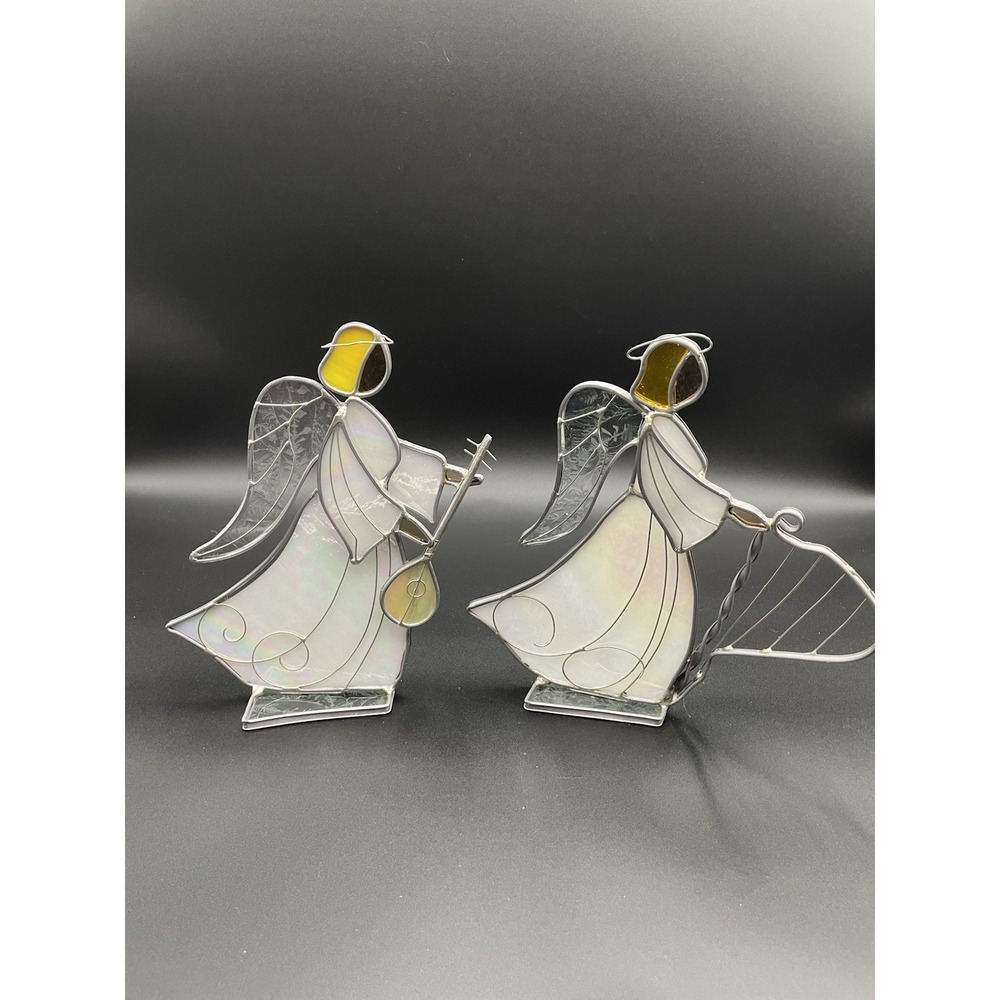 Vintage Stained Glass Angels With Instruments Set Of Two - Picture 1 of 14